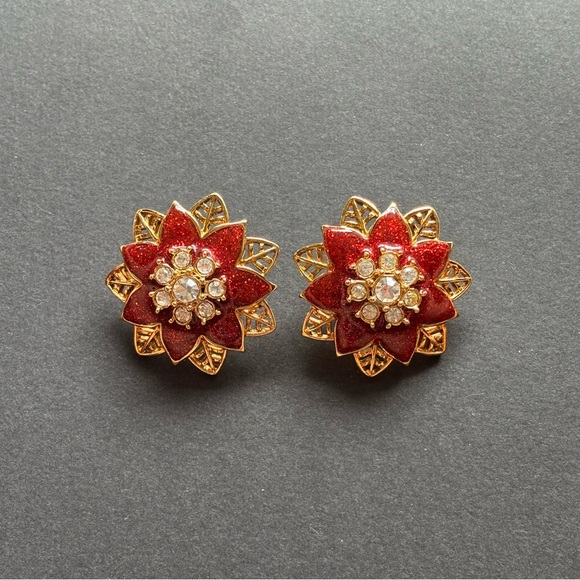 Red & Gold Poinsettia Floral Clip On Earrings – 1.5 IN - Picture 4 of 4